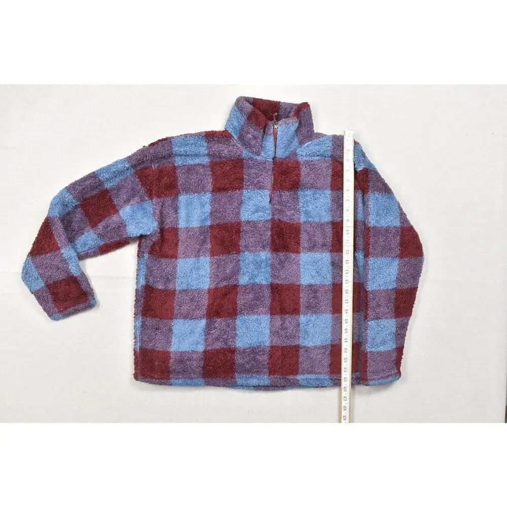 Eddie Bauer Women XXL Fleece Pullover Quarter Zip Plaid Check Blue Maroon Heavyw